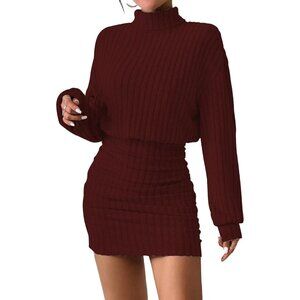 Women Ribbed Knit Sweater Dark Red Dress Lantern Sleeve Turtleneck Mini Bodycon